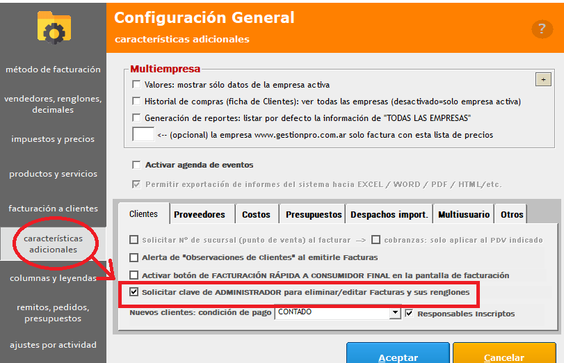 Configuración – solicitar clave administrador