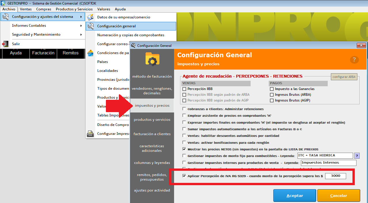Configuración – Aplicar Percepción IVA RG 5329
