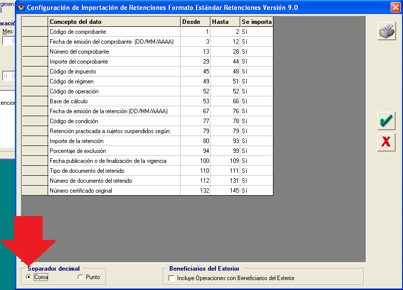 Separador decimal en SICORE