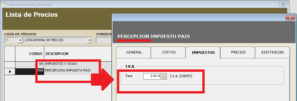 Configuración concepto percepción en lista de precios
