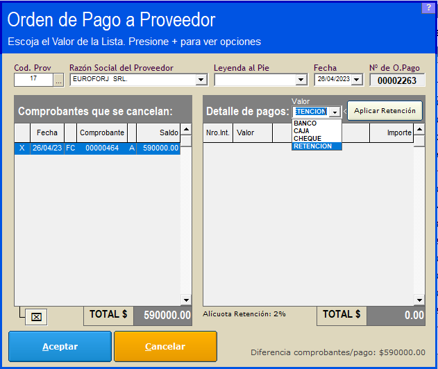Ficha proveedor – retención ganancias