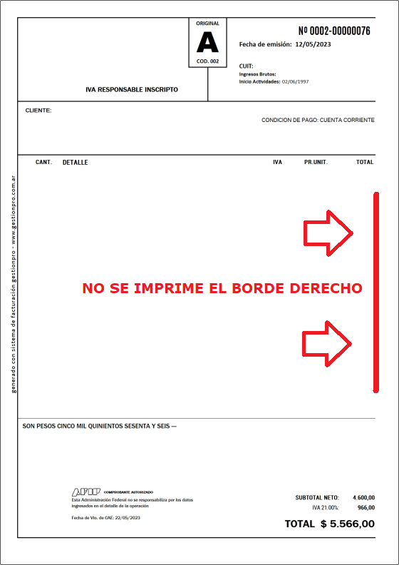 Ejemplo de impresión cortada del lado derecho