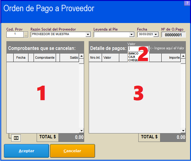 Pantalla orden de pago a proveedor