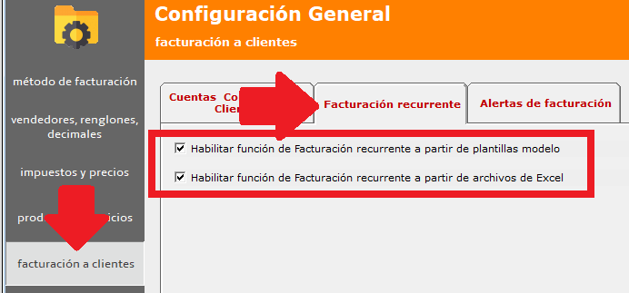 Pantalla facturación recurrente desde plantillas