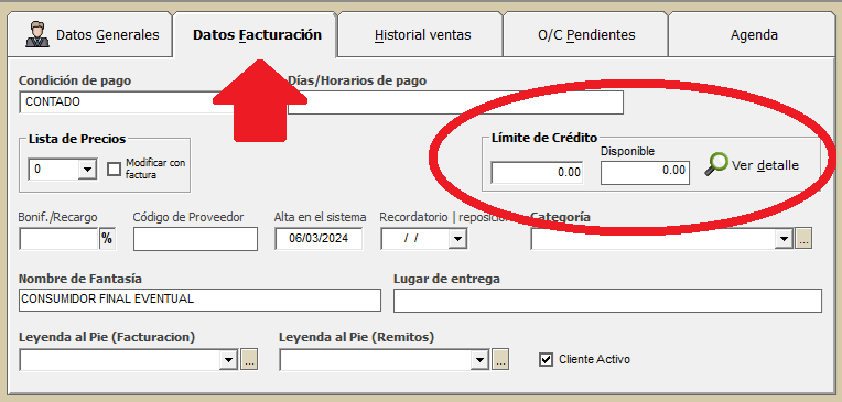 Ficha de cliente – límite de crédito