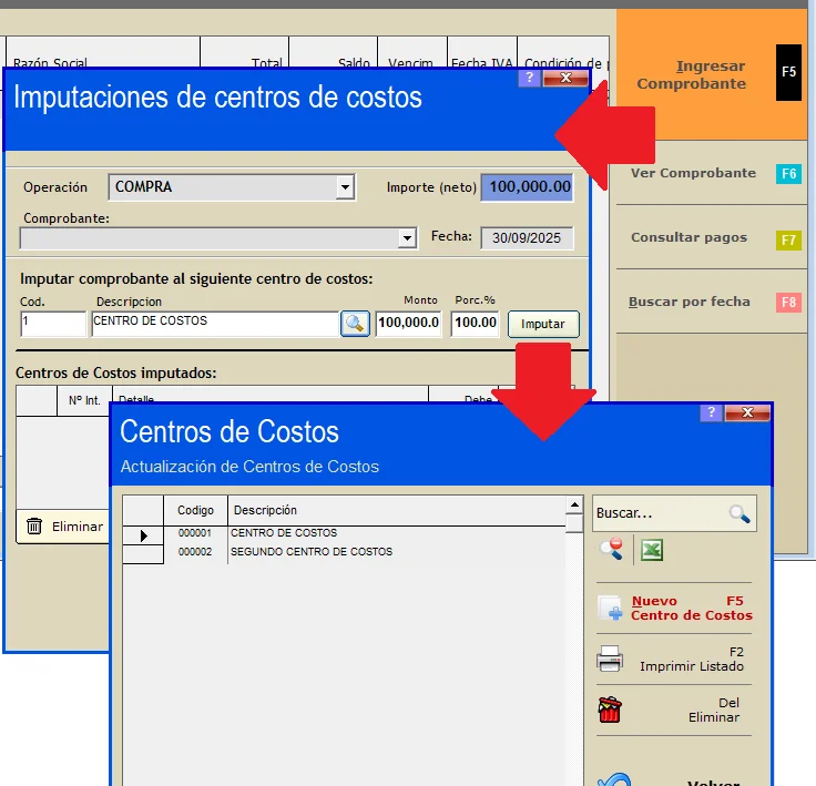 Pantalla de imputaciones de centros de costos de GESTIONPRO al ingresar una compra, con el buscador de centros de costos