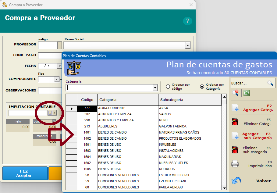 Carga de compra a proveedor en GESTIONPRO con el recuadro de imputación contable y el plan de cuentas de gastos