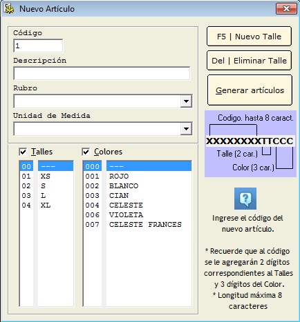 gestionpro talles y colores indumentaria textil