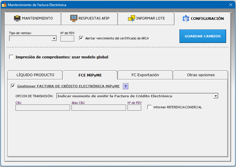 Pantalla Mantenimiento de Factura Electrónica de GESTIONPRO, solapa FCE MiPyME, con la opción de transmisión, CBU, Alias CBU, punto de venta y referencia comercial